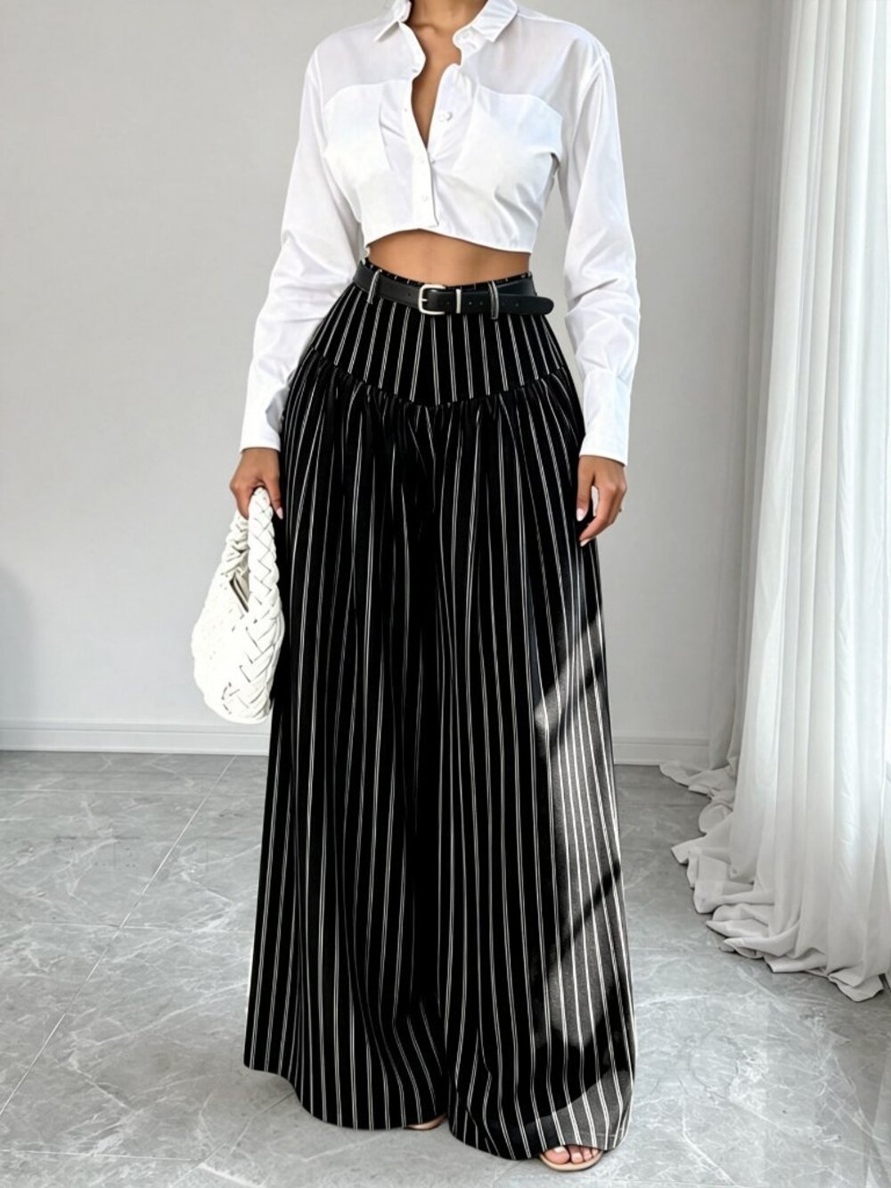 Black Casual Women's French Style Drapey Striped Wide Leg Long Pants
